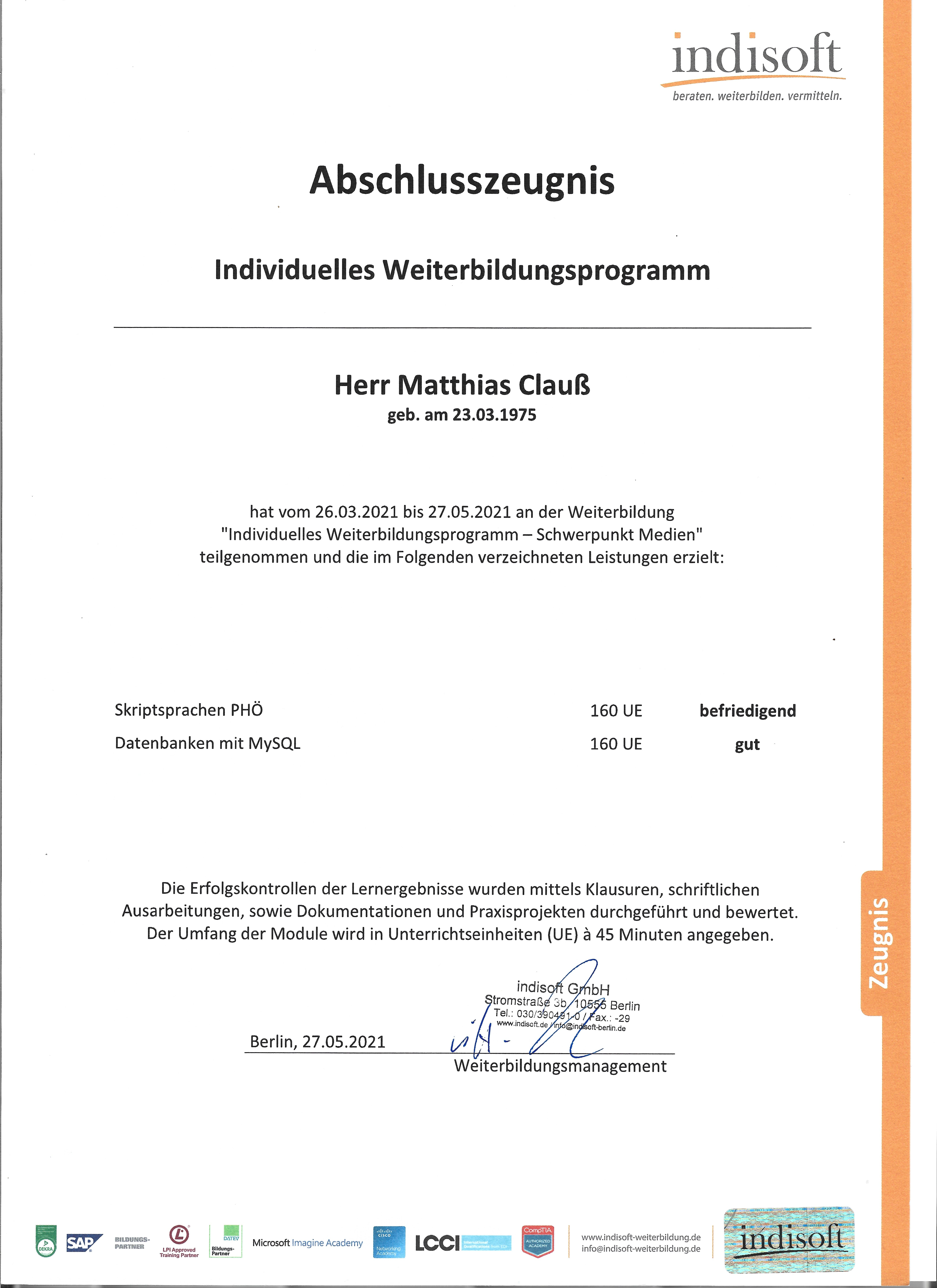 Zeugnis - PHP - Datenbanken mit mySQL